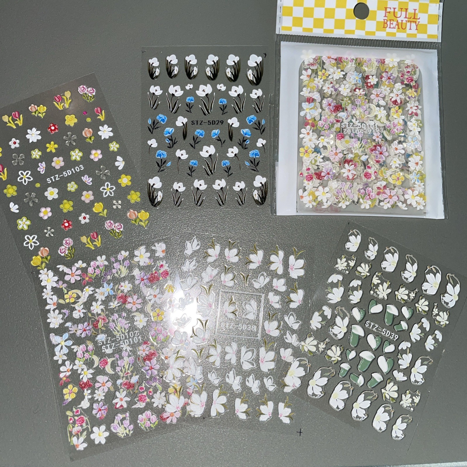 10 sheets FULL BEAUTY Nail Stickers – Self-Adhesive Glossy PVC Floral Decals