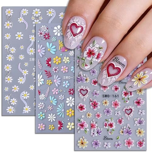 Flower Nail Stickers 3D Self-Adhesive Colorful Floral Nail Art White Daisy