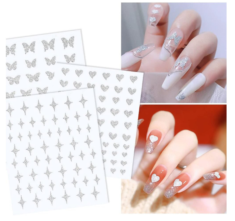 White Glitter Nail Stickers Heart Star Butterfly Bear Flame Transfer Decal NS53