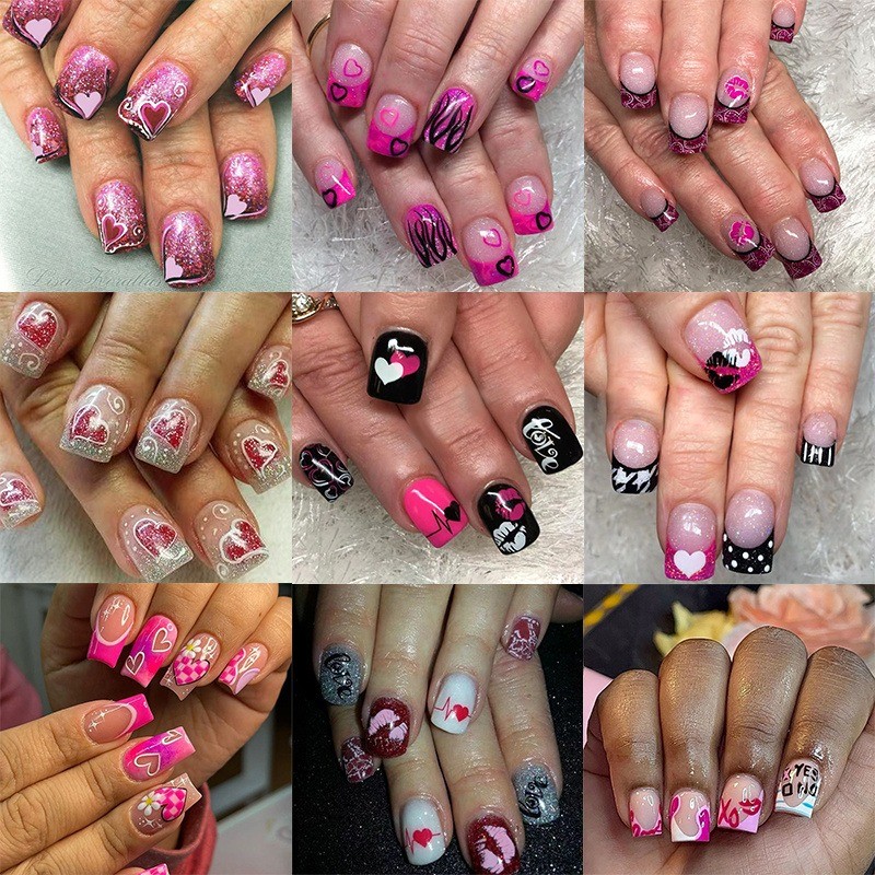 216 Pink Rose 3D Heart Shaped Nails – Removable and Reusable Fake Nail Art