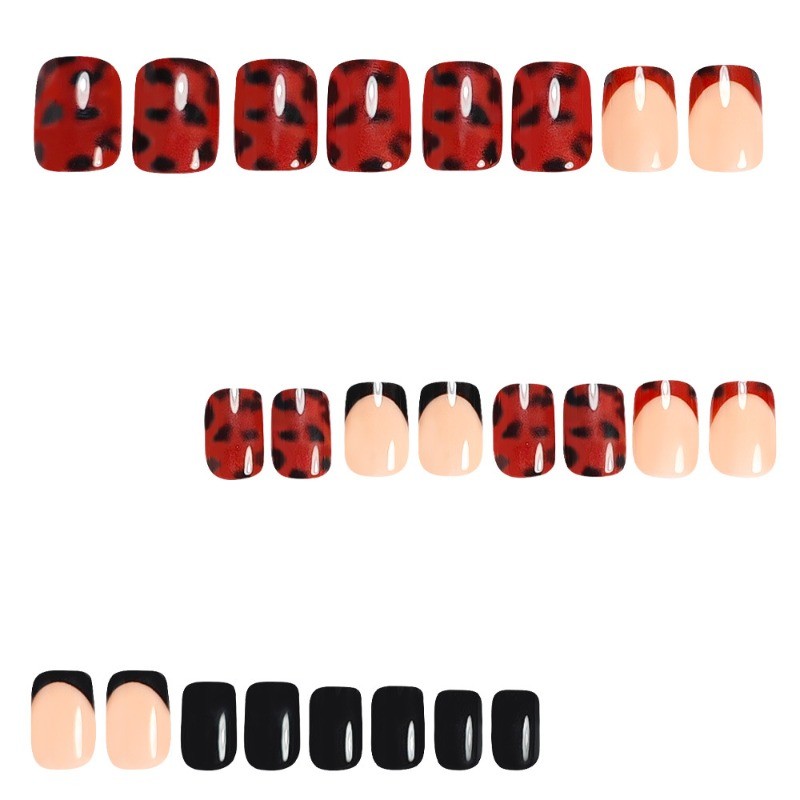 48PCS Short Square Nude Black French Pointed Leopard Print Nail Press, Reusable