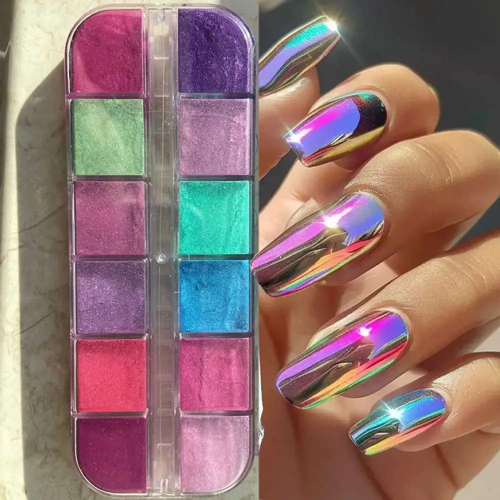 12 Grids Mirror Effect Mermaid Nail Powder Holographic Pearl Chrome Pigment Fine