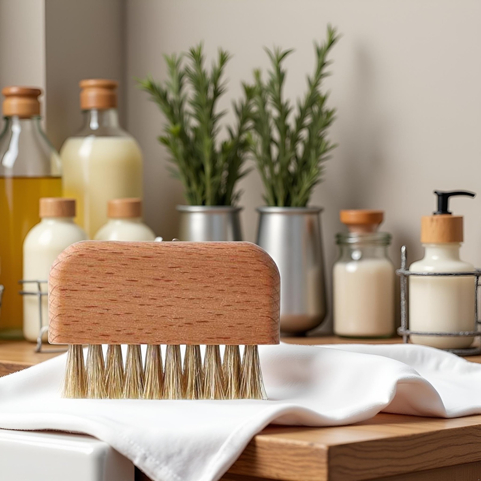 Brown Wooden Nail Brush, Natural Beech Wood Bristle Nail Brush Non-Slip Finge…