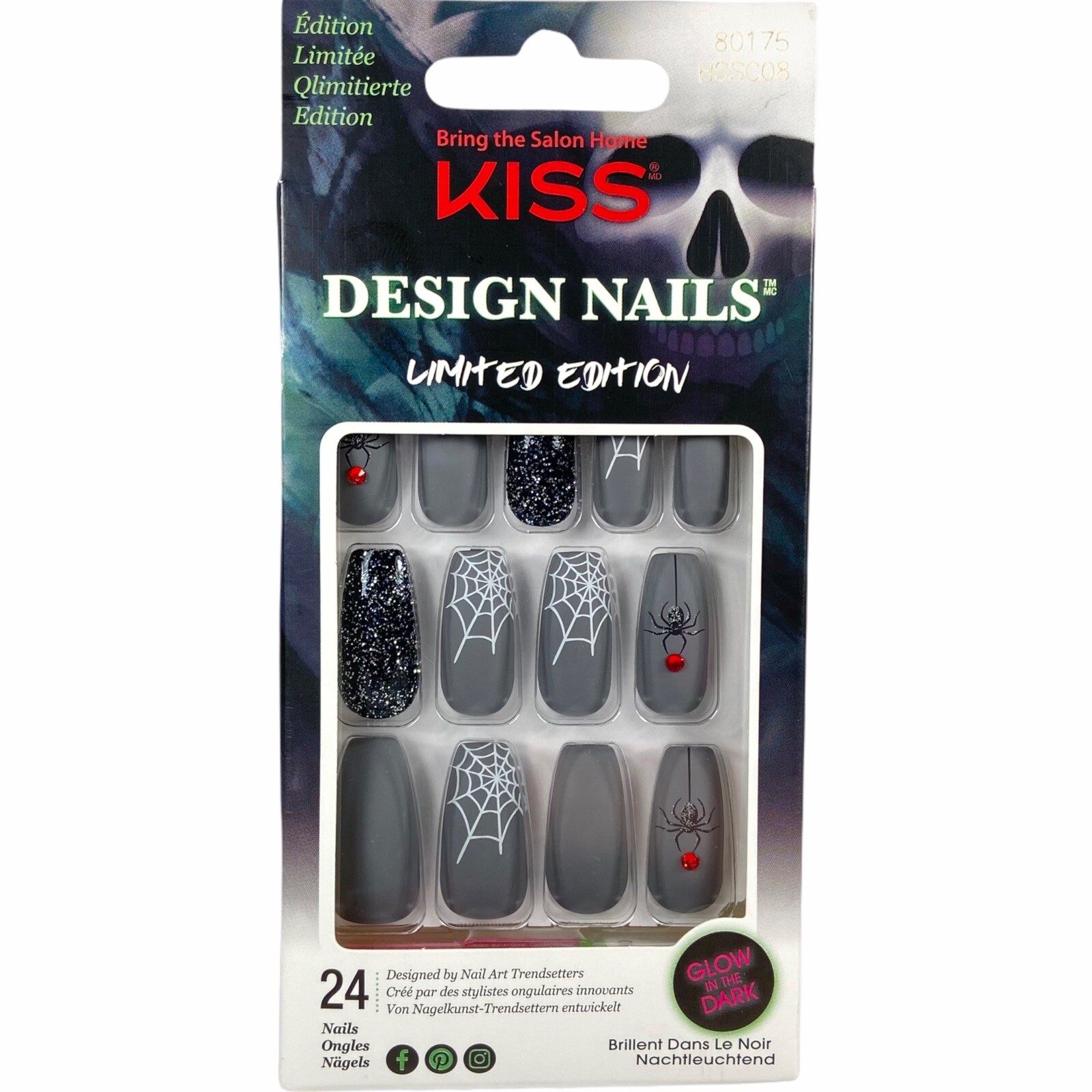 NEW Kiss Nails Halloween Glue Press Manicure Long Coffin Matte Gray Spider Web