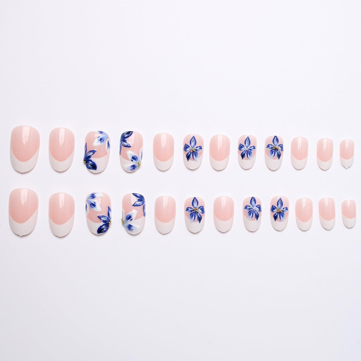 24Pcs Blue Flower Press on Nails Medium Almond French Tip Fake Nails 3D Floral G