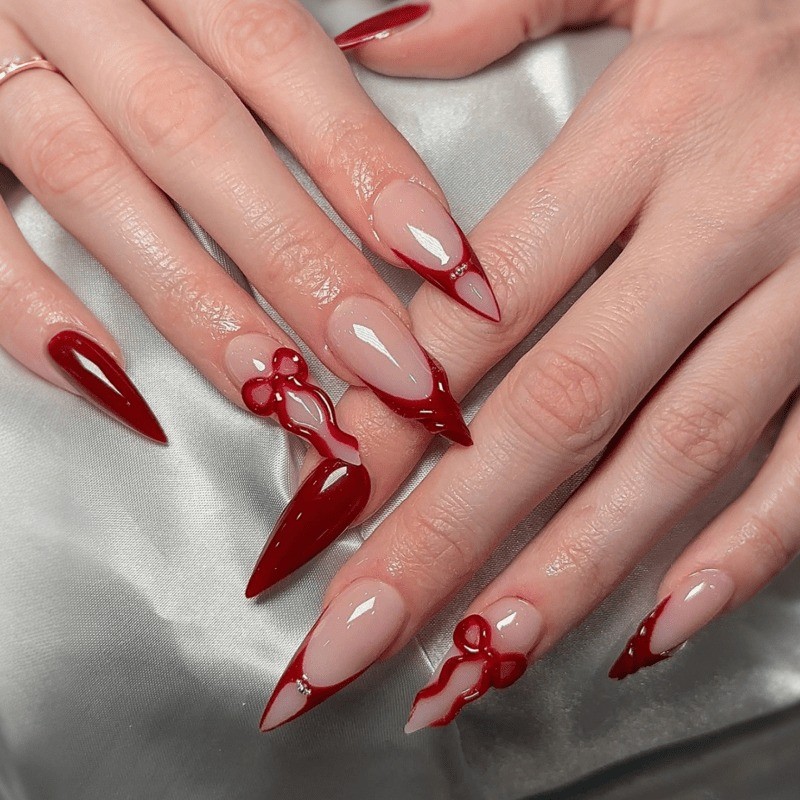 48 Pieces of Red Nude Color Blocked 3D Bow Fake Nails – Removable Nail Art