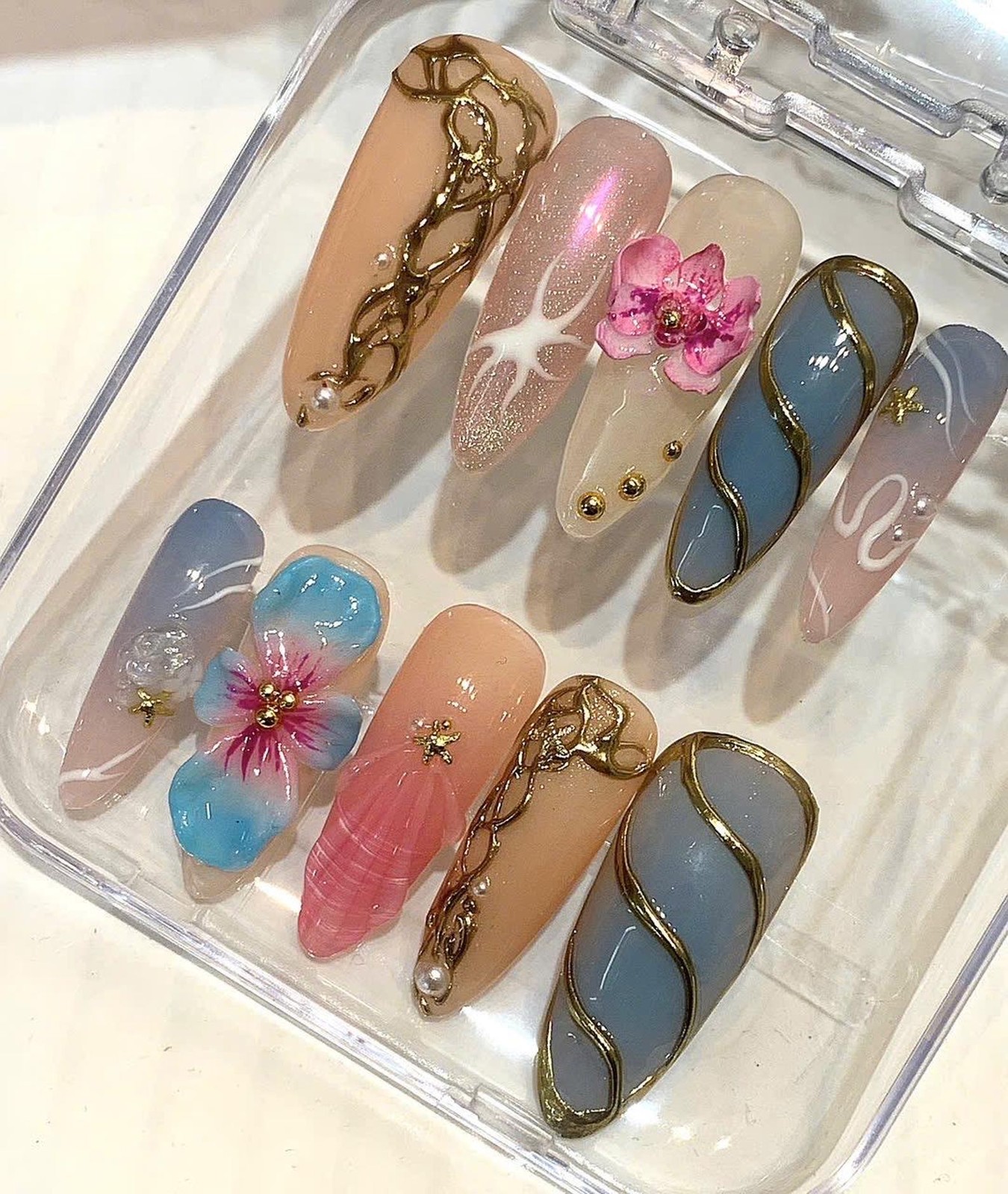 Handmade 3D Orchid Gold Line Starfish Medium Almond Press on Nails Art Set