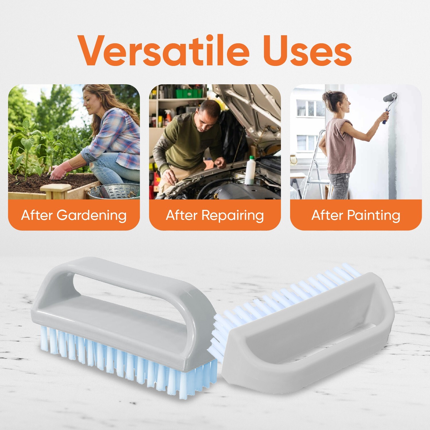 Superio Stiff Nail Brush Cleaner with Handle 3 Pack, Durable Scrub Brush,