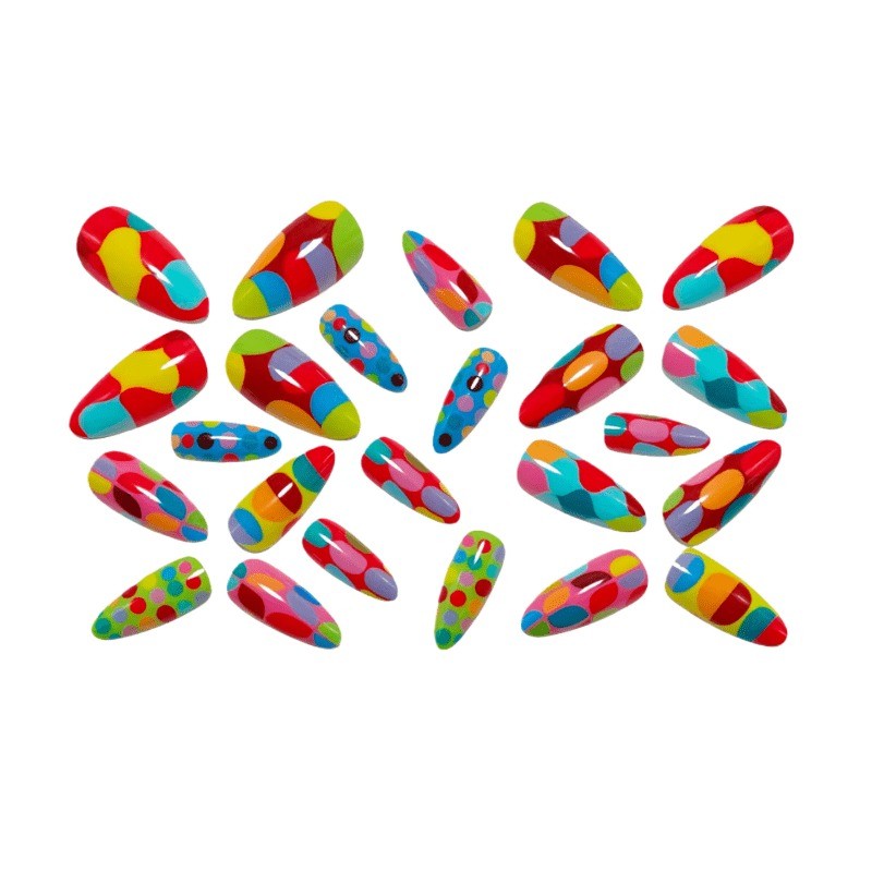 48 Pieces of Color Blocked Polka Dot Art Fake Nails – Removable Fake Nail Art