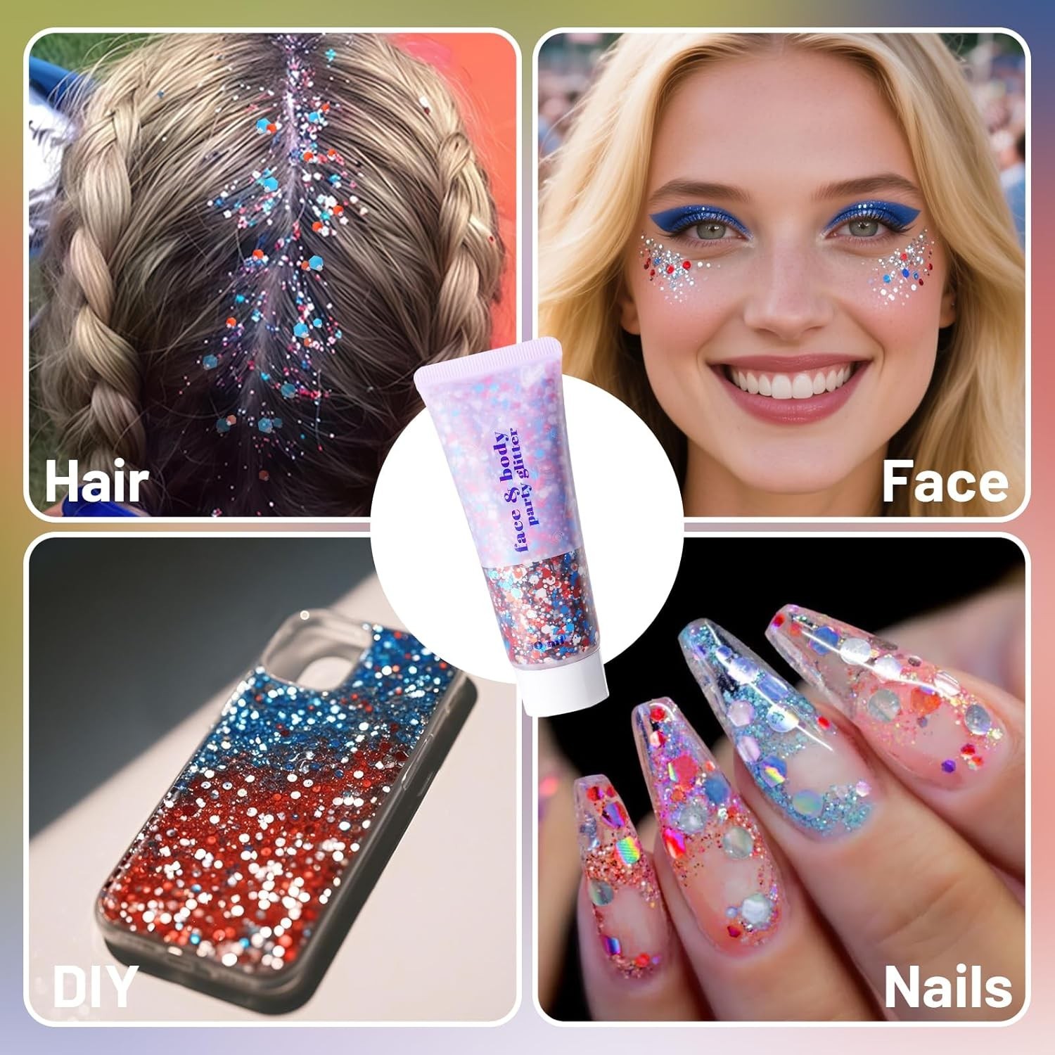 Vivid Red White Blue Body Glitter Gel – Perfect for 4th of July Celebrations