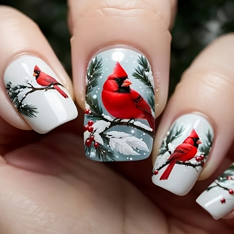 48pcs Christmas Cardinal Press On Nails Snowy Festive Holiday Wearable Nail Art