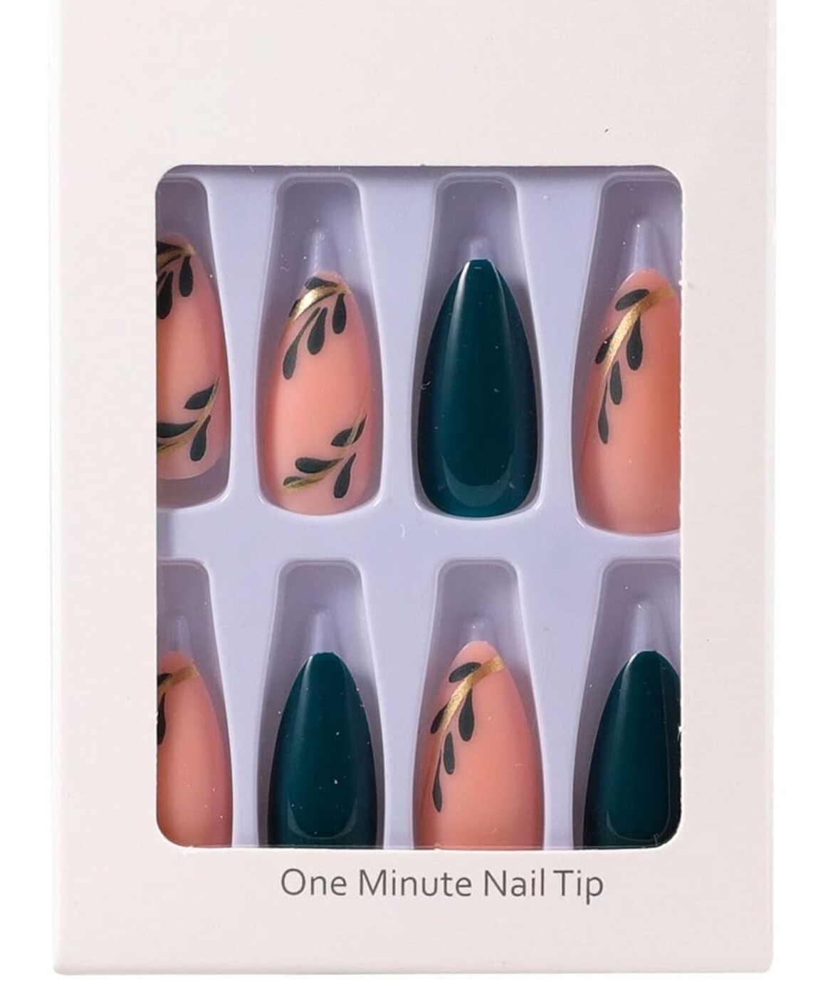 Press on Nails Medium Almond Black Green Gradient Golden Glitter Line Leaves Art