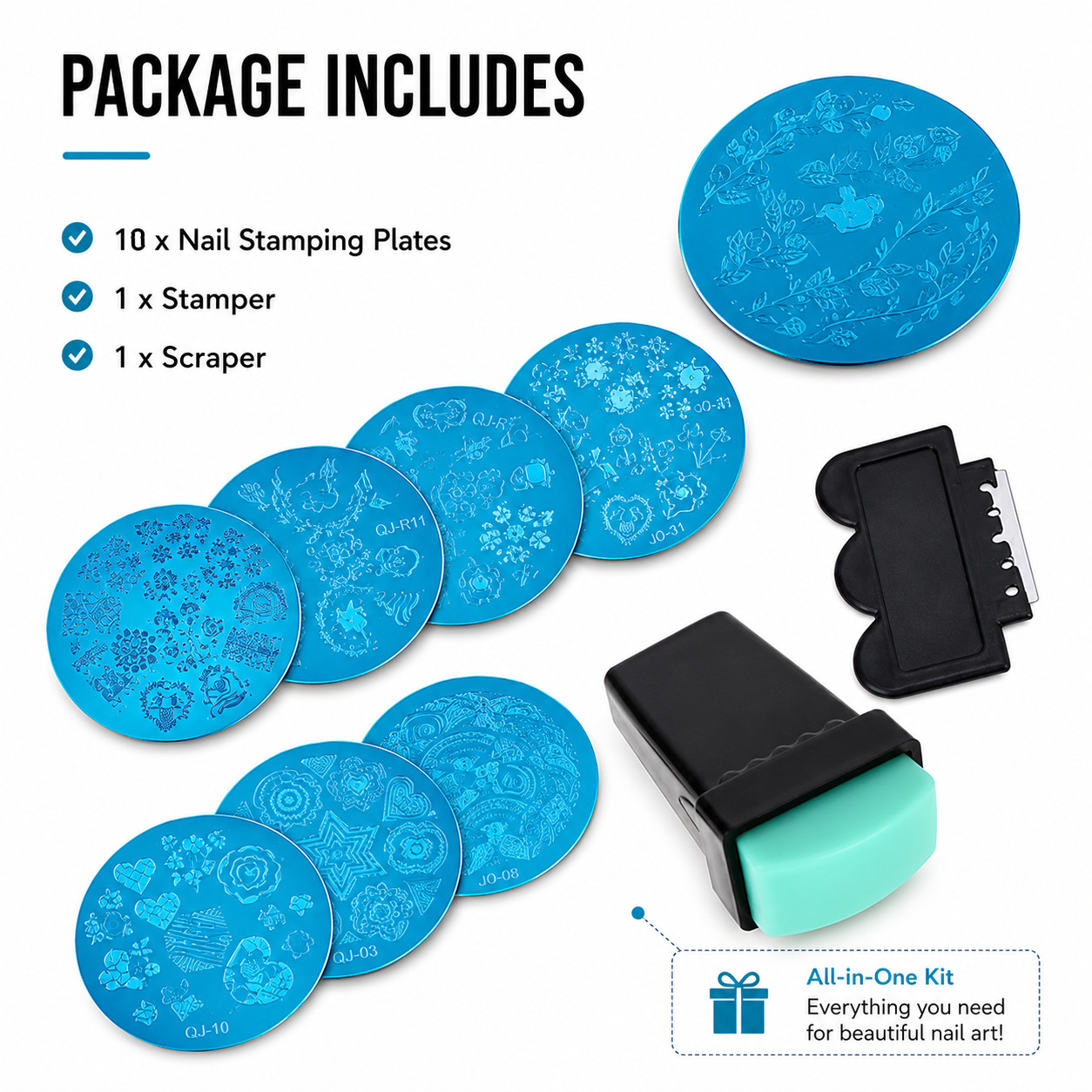 10PCS Nail Art Stamping Kit Image Template Plates, Polish Stamper & Scraper Set