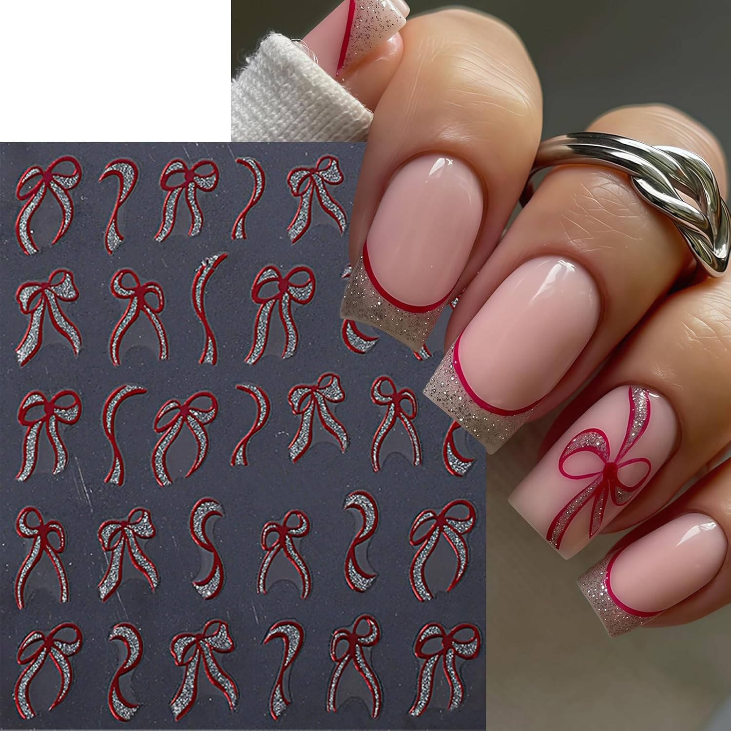 6 Sheets Bow Nail Art Stickers Bows Stickers for Nails 3D Self Adhesive Gold Red