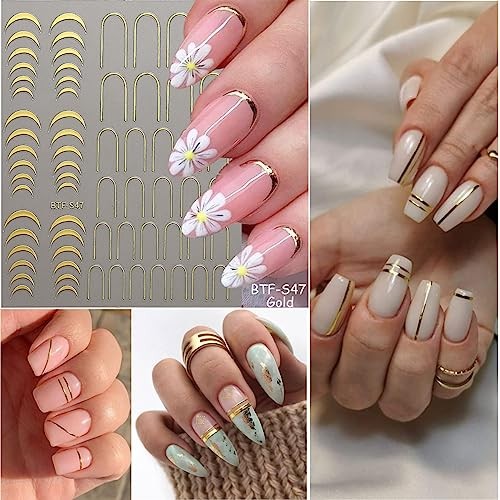 6 Sheets Shiny French Line Nail Art Stickers Decals 3D Glitter Gold Colorful -6