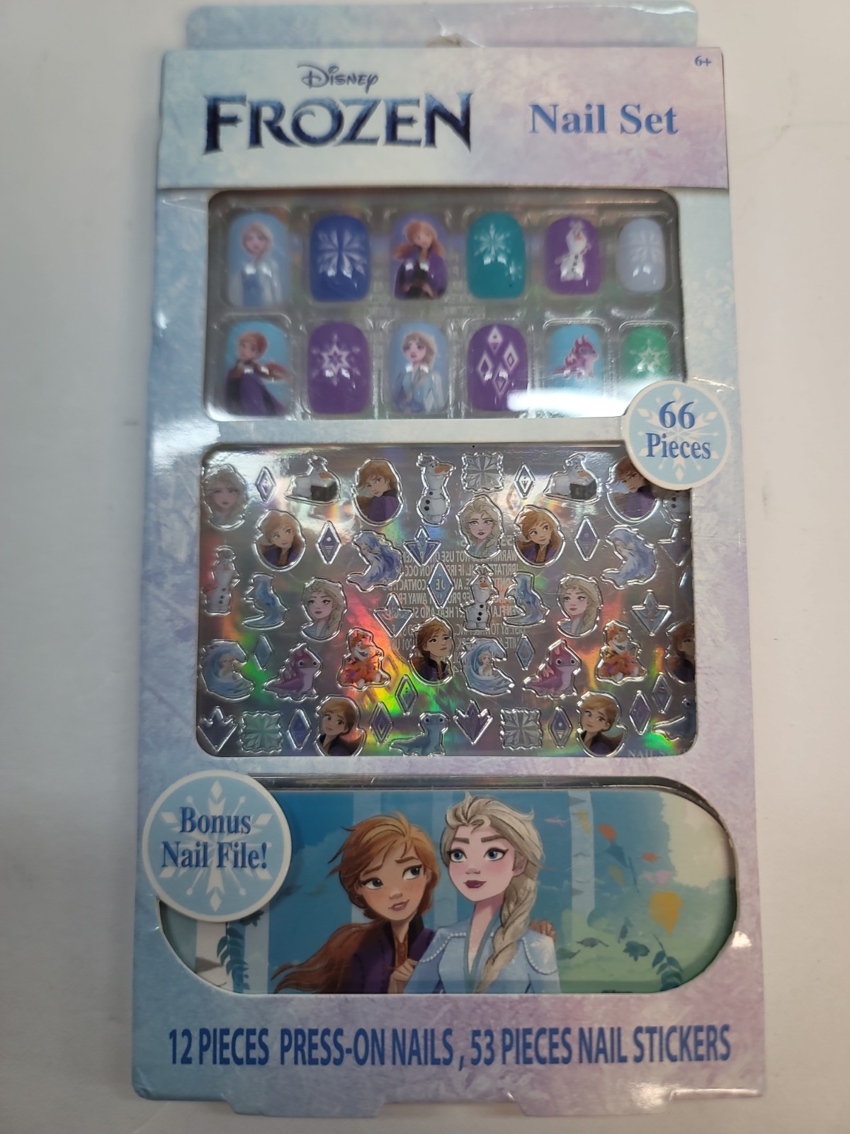 66 Piece Disney Frozen Nail Set~12 Press-On Nails & 53 Nail Stickers, New In Box