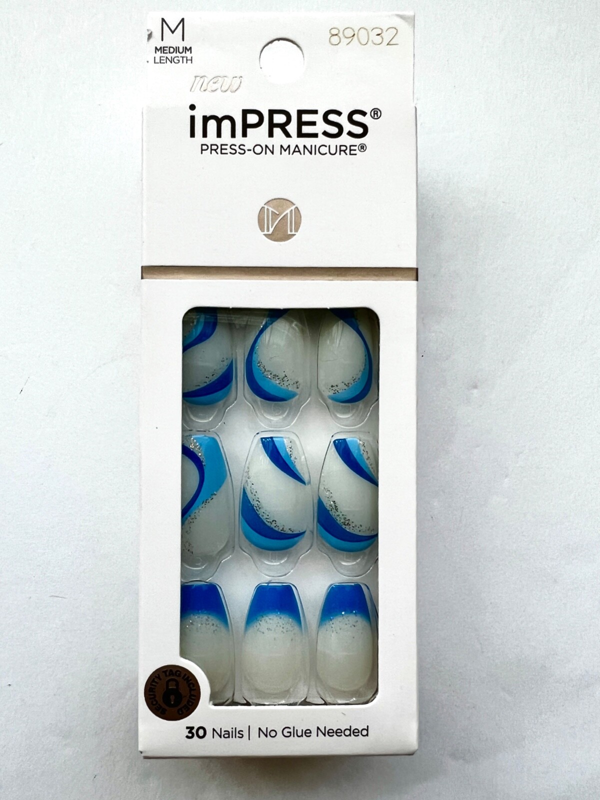 KISS imPRESS Medium Coffin Gel Press-On Nails, Mesmerize, 30 Pieces, White/Blue