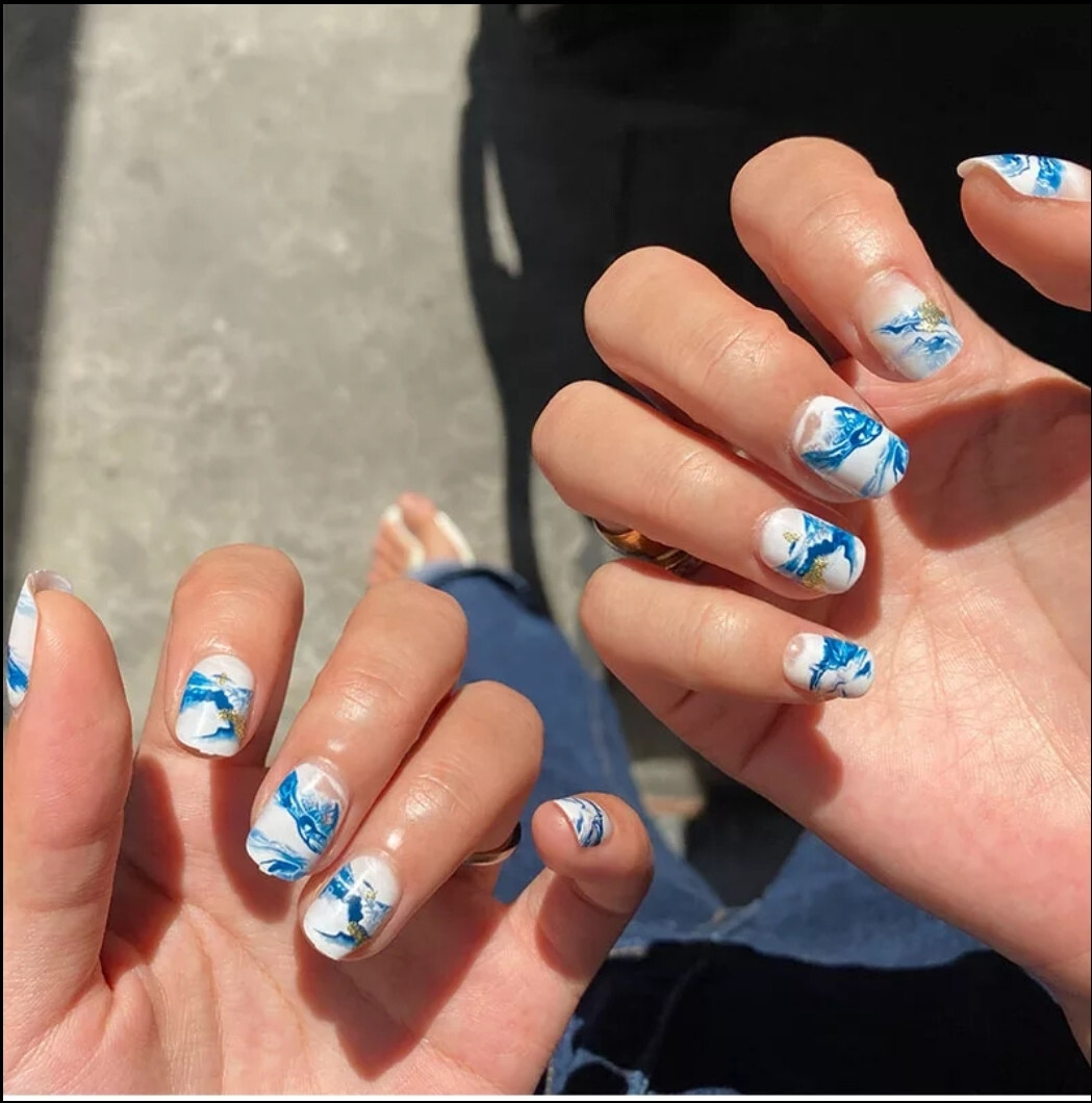 24 Short Press on nails kit w glue white blue marble design glitter gold geode