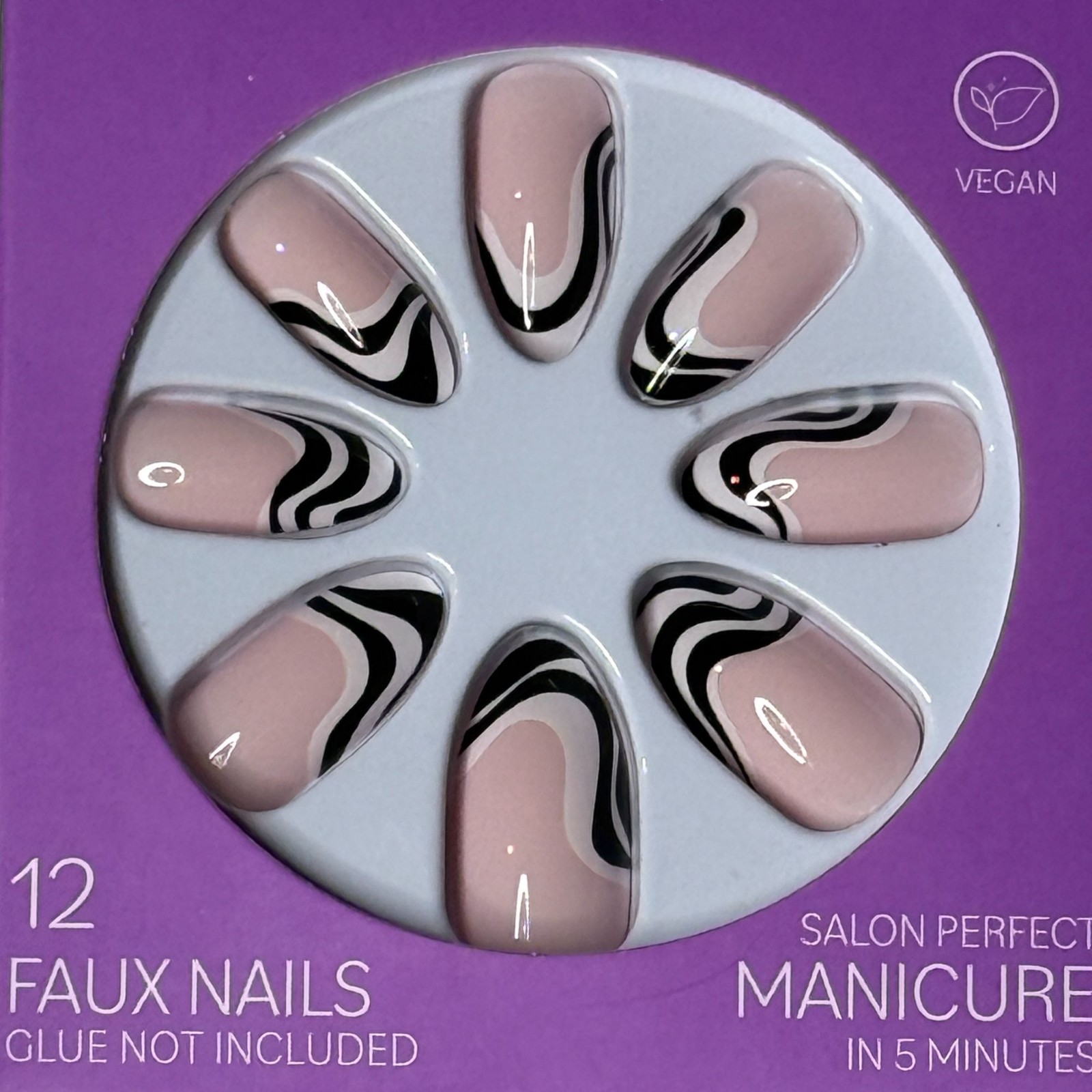 Pretty Woman Faux Nails Pink Black Swirl 12pc Press On Nails Vegan