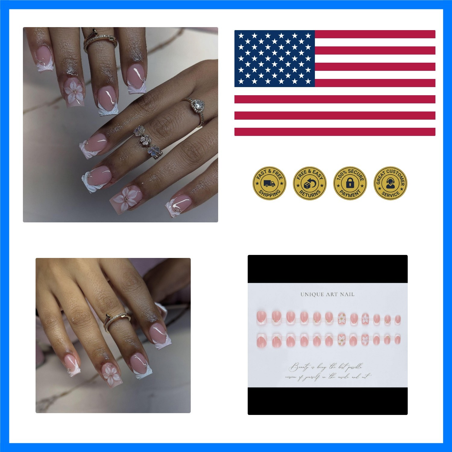 Short Press on Nails Square – White French Tip Fake Nails with Flower Design …