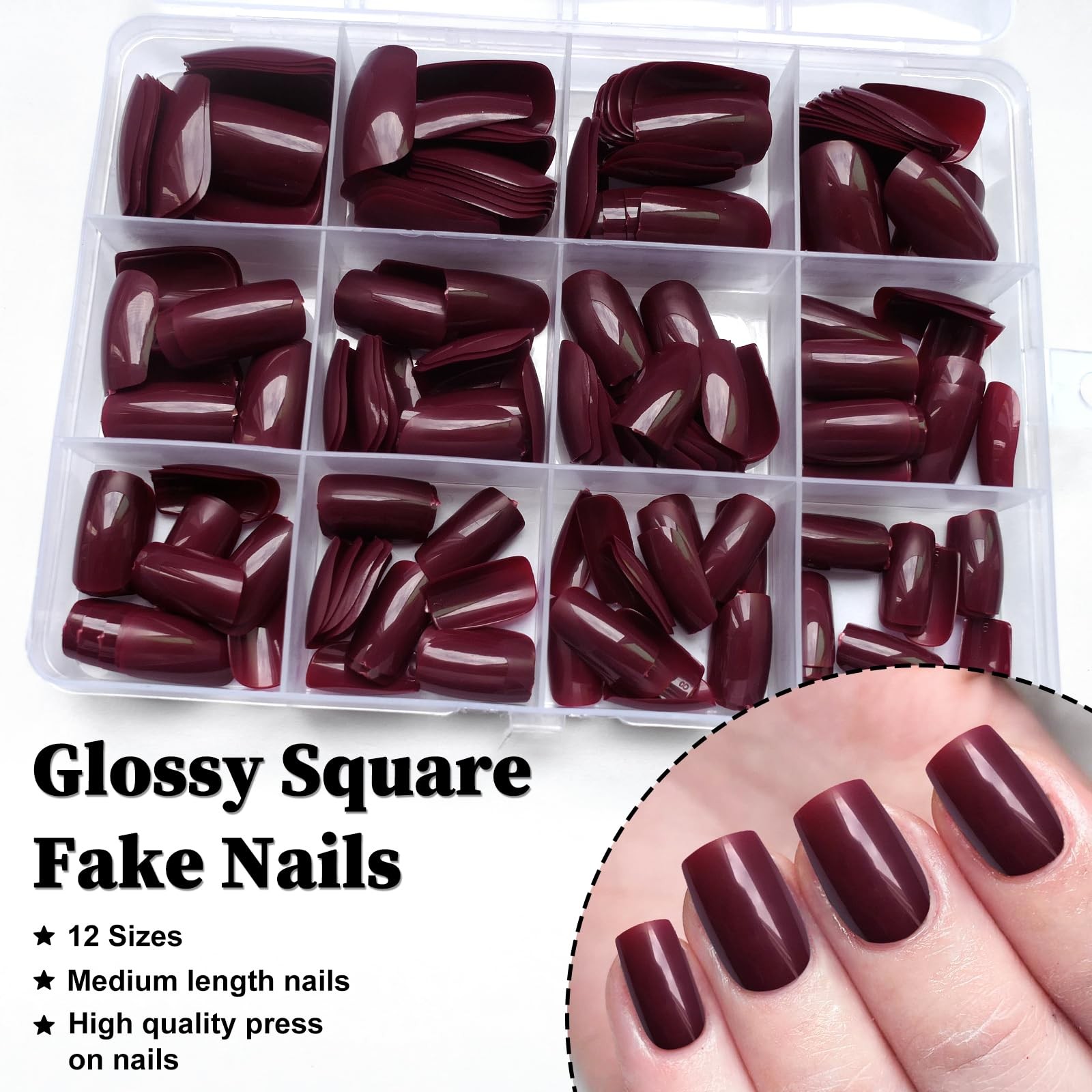 240pc Christmas Wine Red Press on Nails Medium Square Fake Nails Press ons Sq…