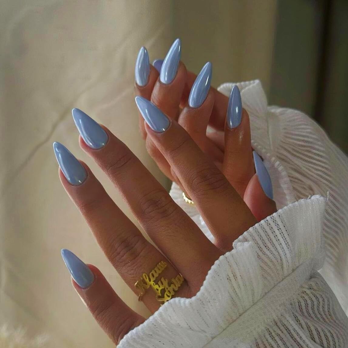 Light Blue Chrome Press on Nails Medium Almond, Mirror Aurora Stiletto Fake A…