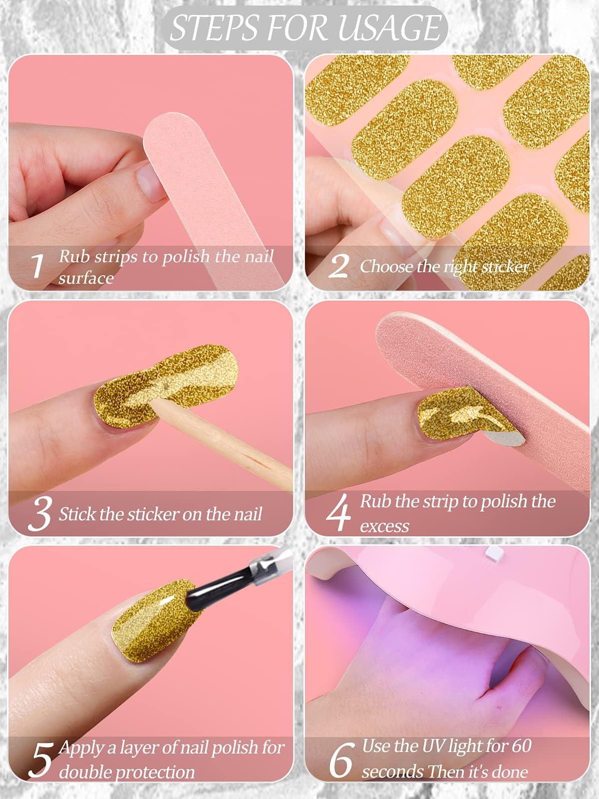 40PCS Gold Glitter Gel Nail Wraps Strips, Self Adhesive Full Nail Wraps,