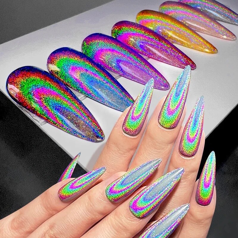 3 Types Unicorn Nail Chrome Powder Pink Rainbow White Transparent Effect Nails