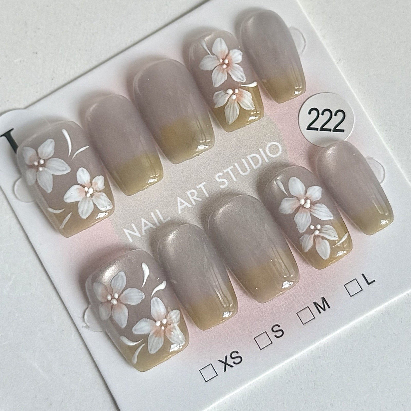 Hand Painted Flower Press-On Nails Medium Square Size L Reusable Fake Nail