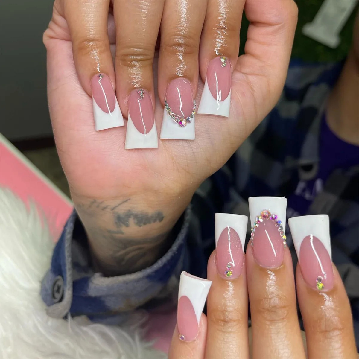 Pink Leopard Duckbill Press On Nails Sweet French Full Cover False Nails