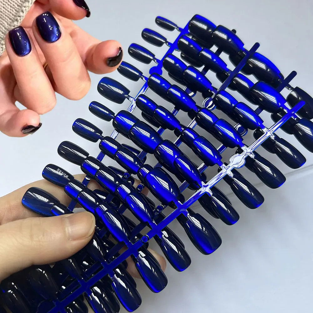 30 Pcs Sparkly Medium Oval Dark Blue Cat Eye Glossy Full Cover Artificial Press