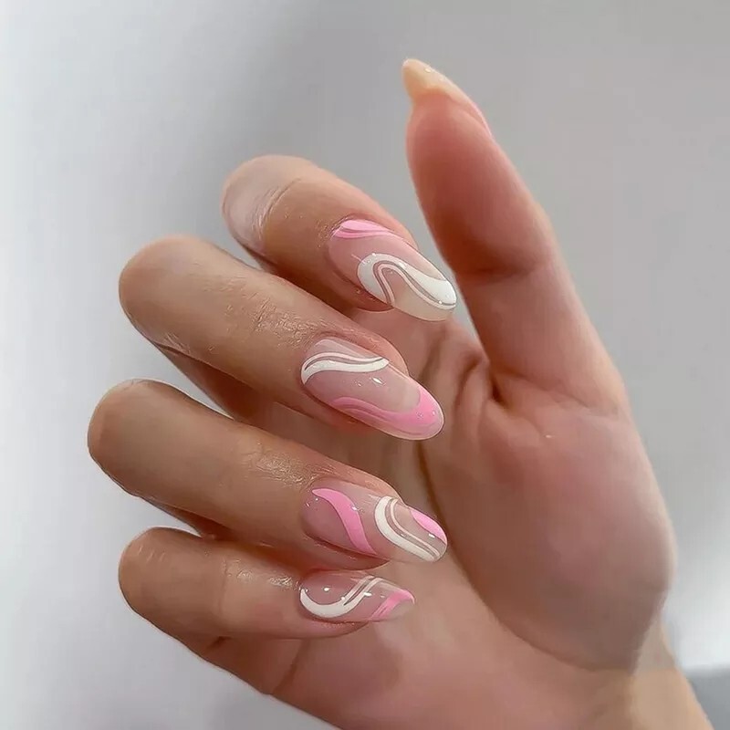 24 Pink White Swirl Press on nails kit with glue groovy wavy 70s retro nude