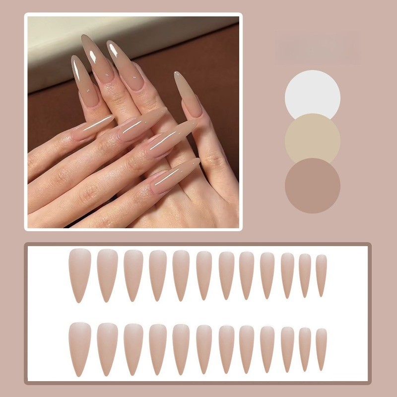 48Pcs-Natural Nude Press on Nails Long Almond Nail Minimalist Gloss Design