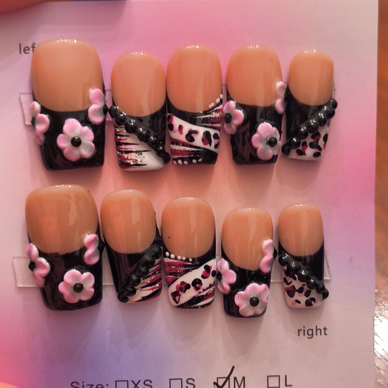 Press-On Nails Medium Square Beige Black Pink White 3D Floral Full Cover