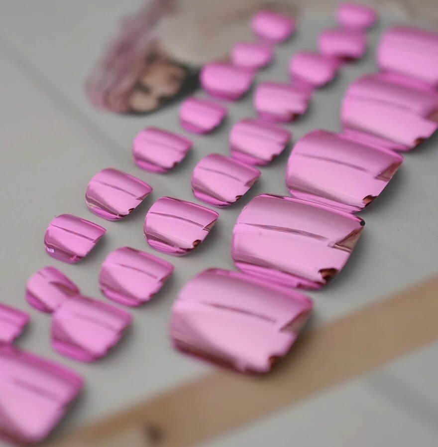 24 Silver Pink Chrome Toe nail press on nails kit w glue mirror shiny white