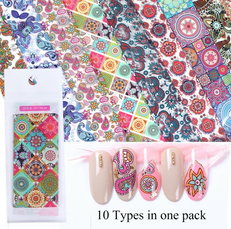 10pcs Retro Nail Foils Transfer Stickers Decals Holos Flower Ethnic Nail Art DIY