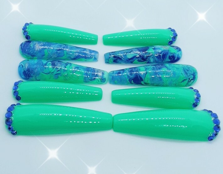 XXL Teal Green Turquoise Blue Rhinestones Marble Ocean Inspired Nails-clearance