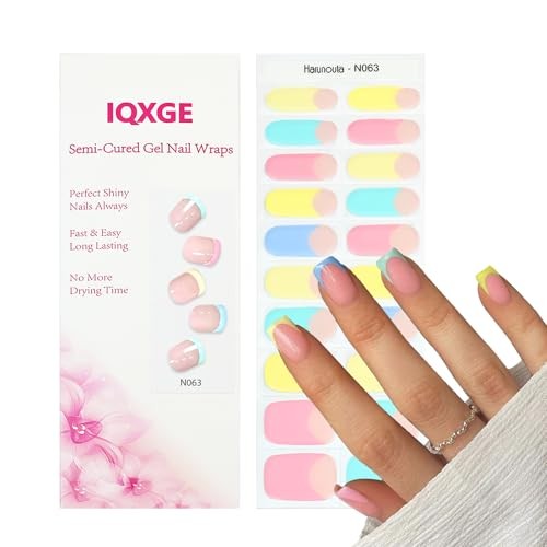 Pink Blue Gel Nail Strips – Semi Cured – 29 Colorful French Tip