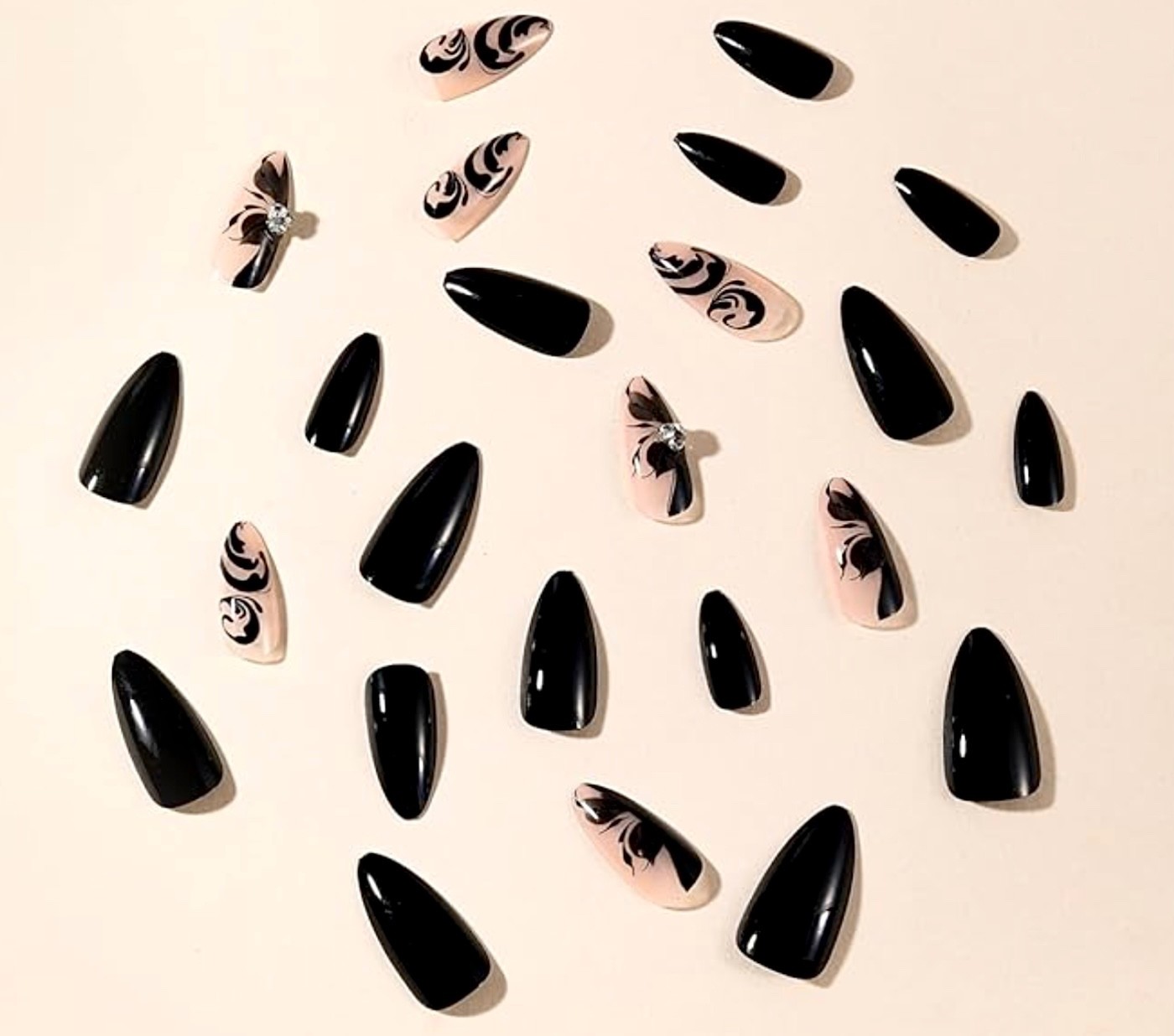 5 Nails Kits – GOTHIC Black Rhinestone Lace, Silver GLITTER French, WEDNESDAY +