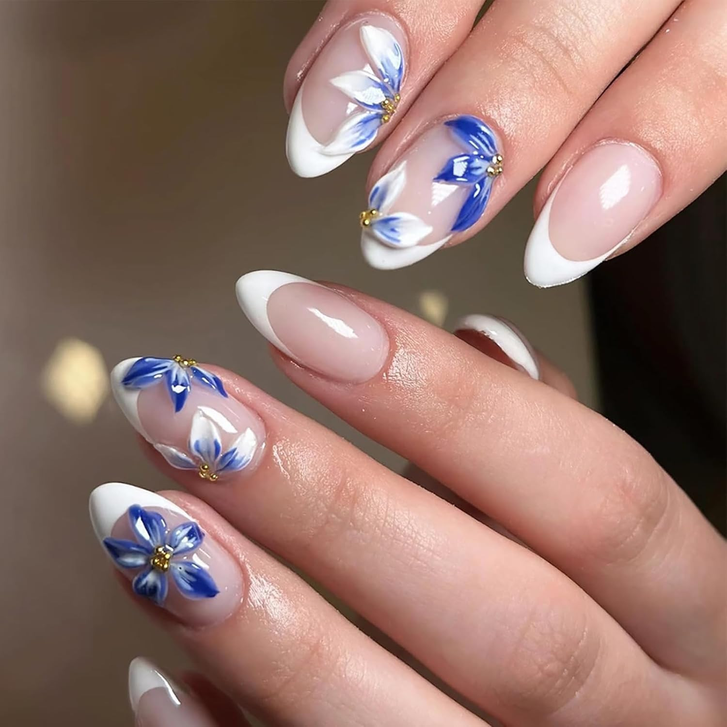 24Pcs Blue Flower Press on Nails Medium Almond French Tip Fake Nails 3D Floral G