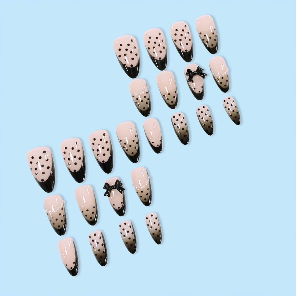 Black French Tip Press on Nails Medium Almond Nude False Nails 24Pcs