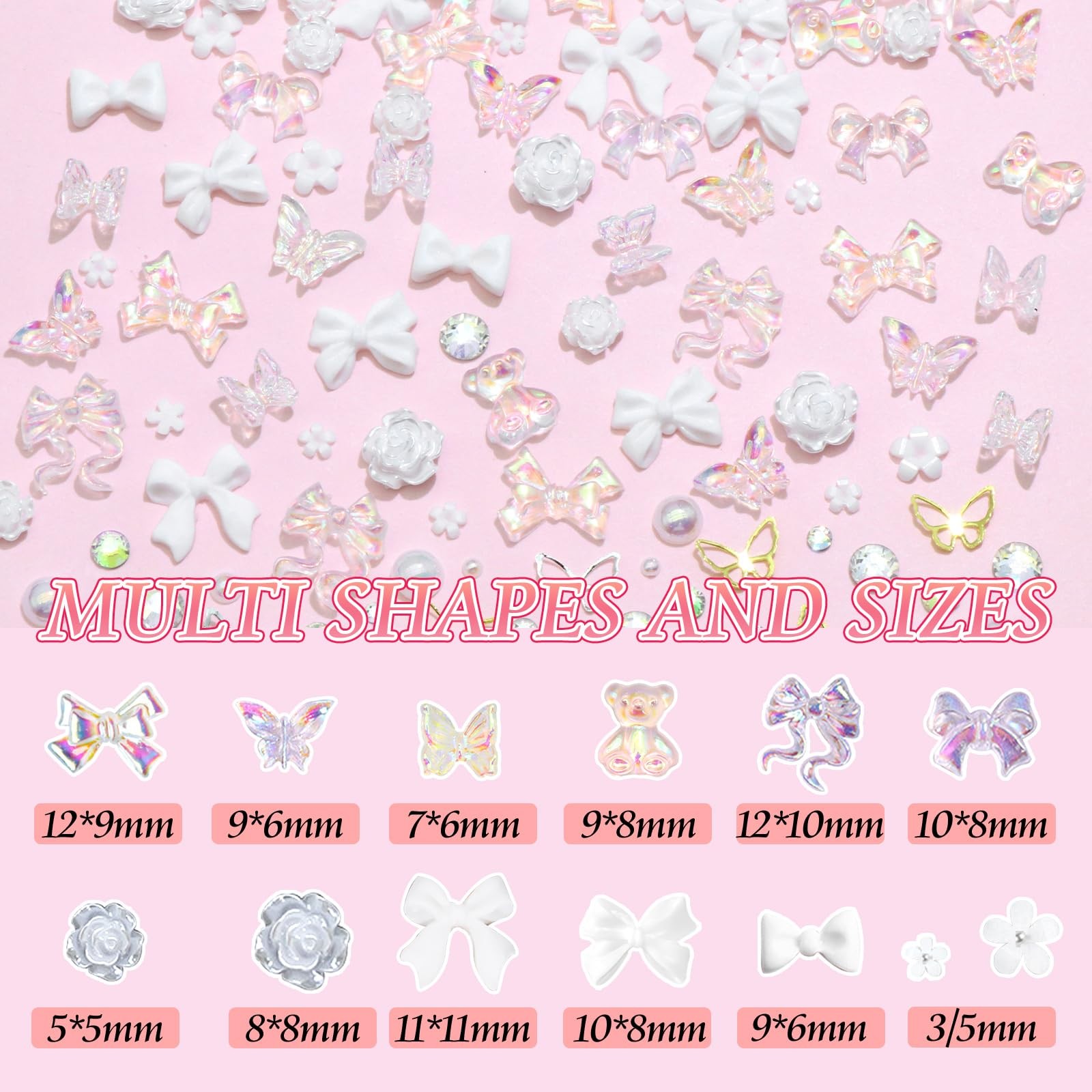3D Nail Charms Set White Assorted Butterfly Flower Bear Charms for Nails Acry…