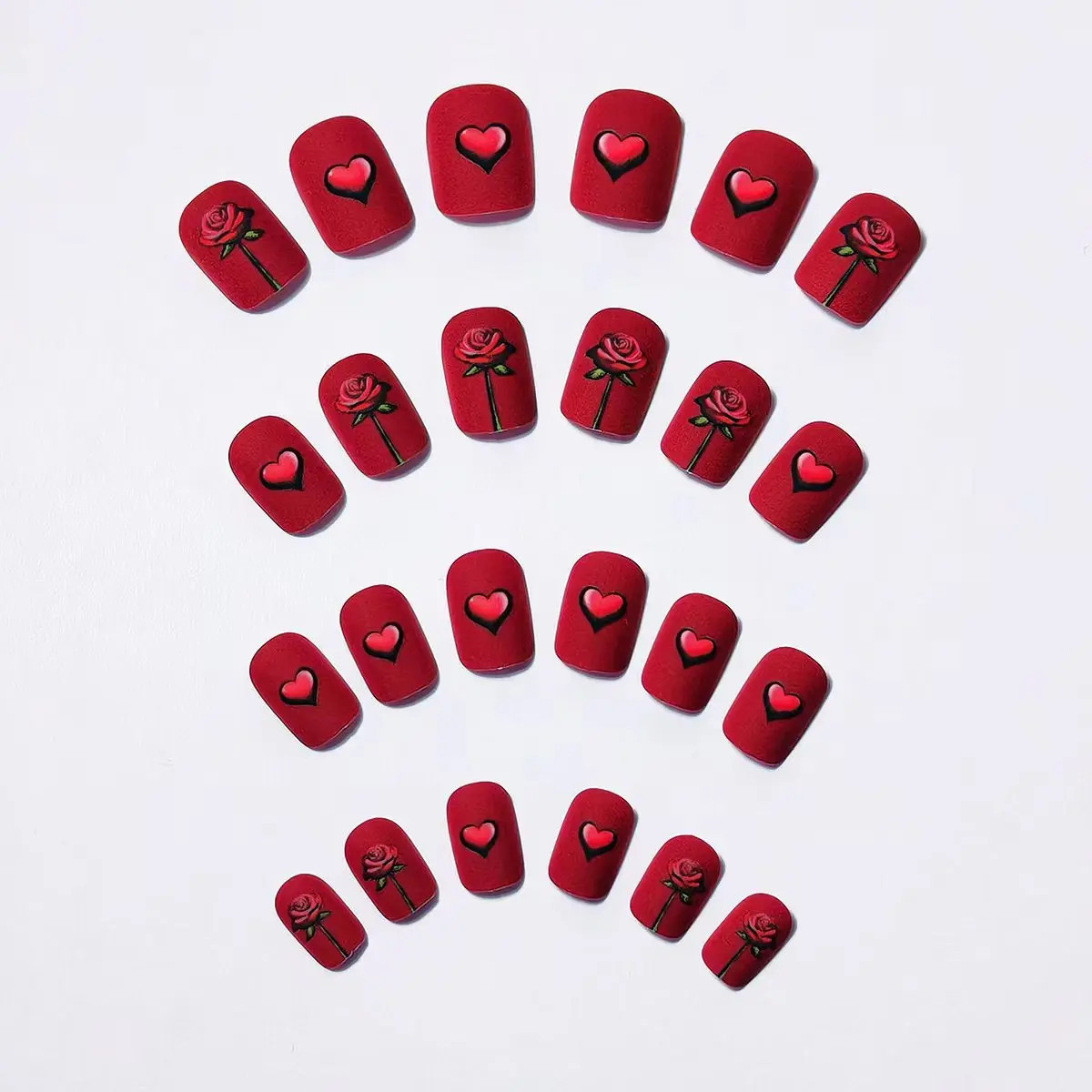 24pcs Black Almond Red Heart Rose Press On Nails