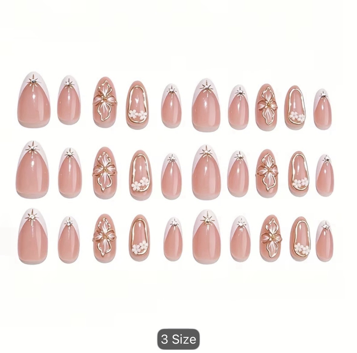Nude, White, Gold French Press-On Nails Medium Almond Floral Full Cover Set