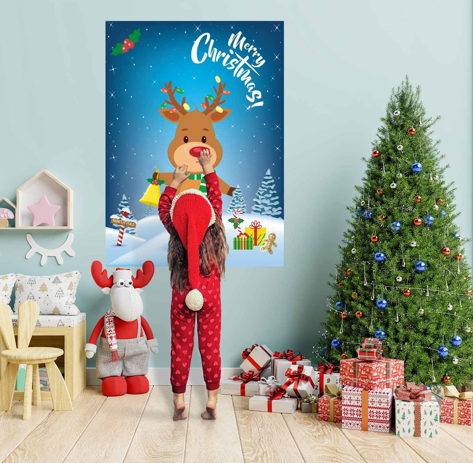 Funnlot Christmas Games 27 inches x 21 inches, Pin the Nose on Reindeer