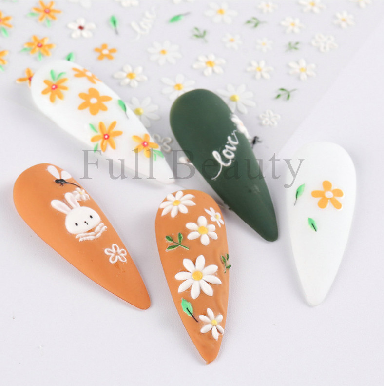 5D Embossed White Love Flower Bunny Daisy Fingers Toe Nail Art Stickers NS25
