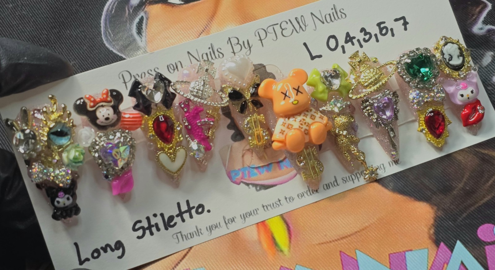 Handmade Gel Press On Nails,Junkie Nails, Large Size 0,4,3,5,7 Long Stiletto