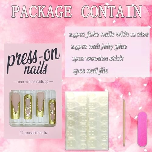 Press On Coffin Shaped Acrylic Glossy Full Cover Square Gold French and Star
