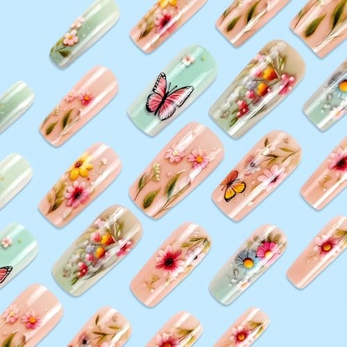 SINSEN Spring Press on Nails Medium Square Fake Nails Colorful Flower style8