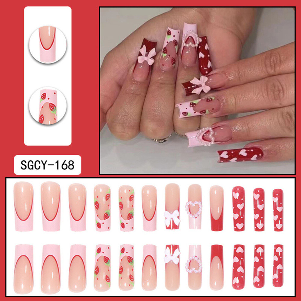Valentine’s Day Pink Long Tube Fake Nails Full Cover Square Artificial Nail Gift